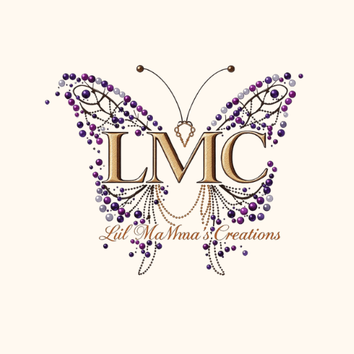 Lil’ Mama’s Creations LMC logo – elegant butterfly design with gold initials, purple and white bead accents, representing handmade jewelry, custom designs, and unique artisan creations.