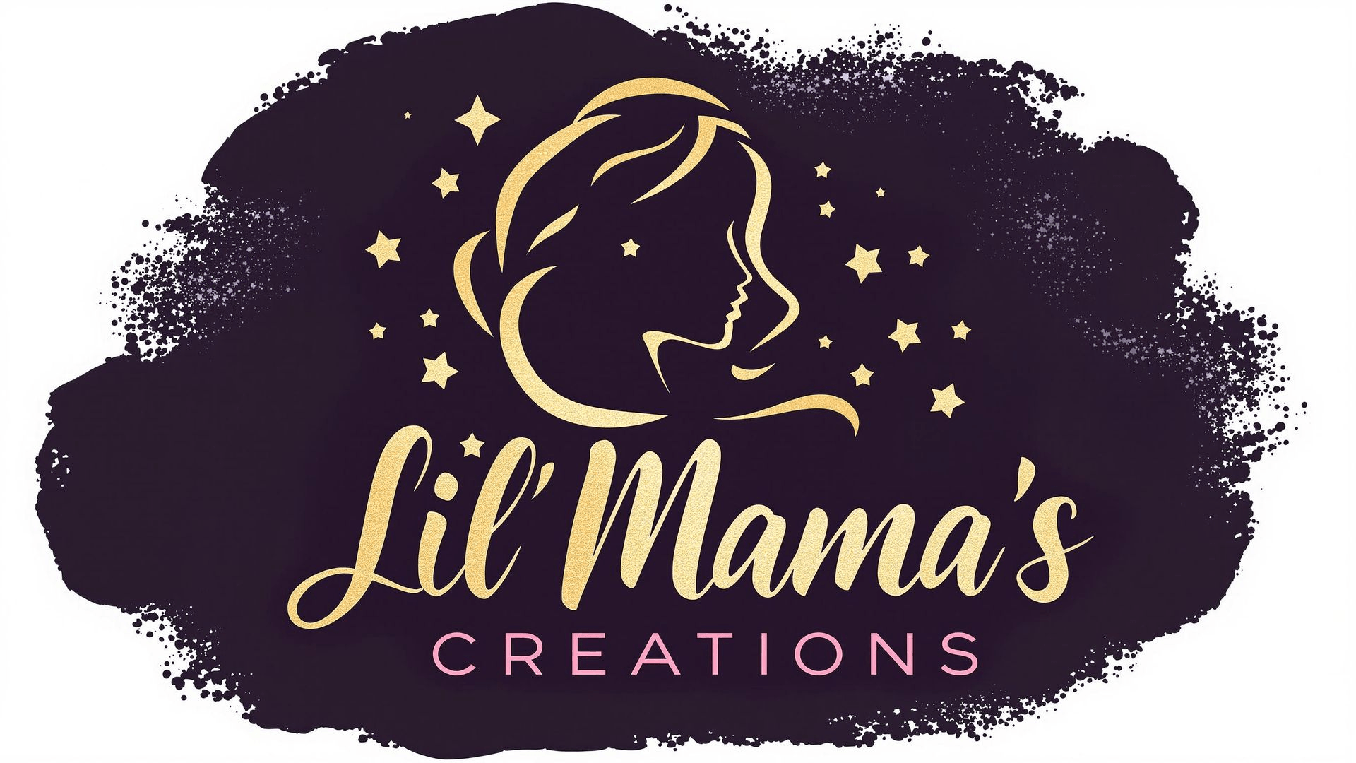 "Lil’ Mama’s Creations logo featuring a golden silhouette of a woman with stars on a purple paint splash background"